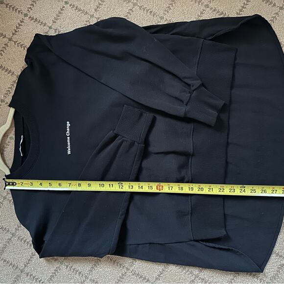 Zara black long sleeve sweatshirt w shirt back and high low hem, white text ~ S - Picture 6 of 11